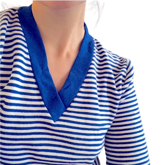 VTG Blue White Stripe V Neck Knit Pullover Sweater Jumper Academia Prep XS S M - Picture 9 of 16
